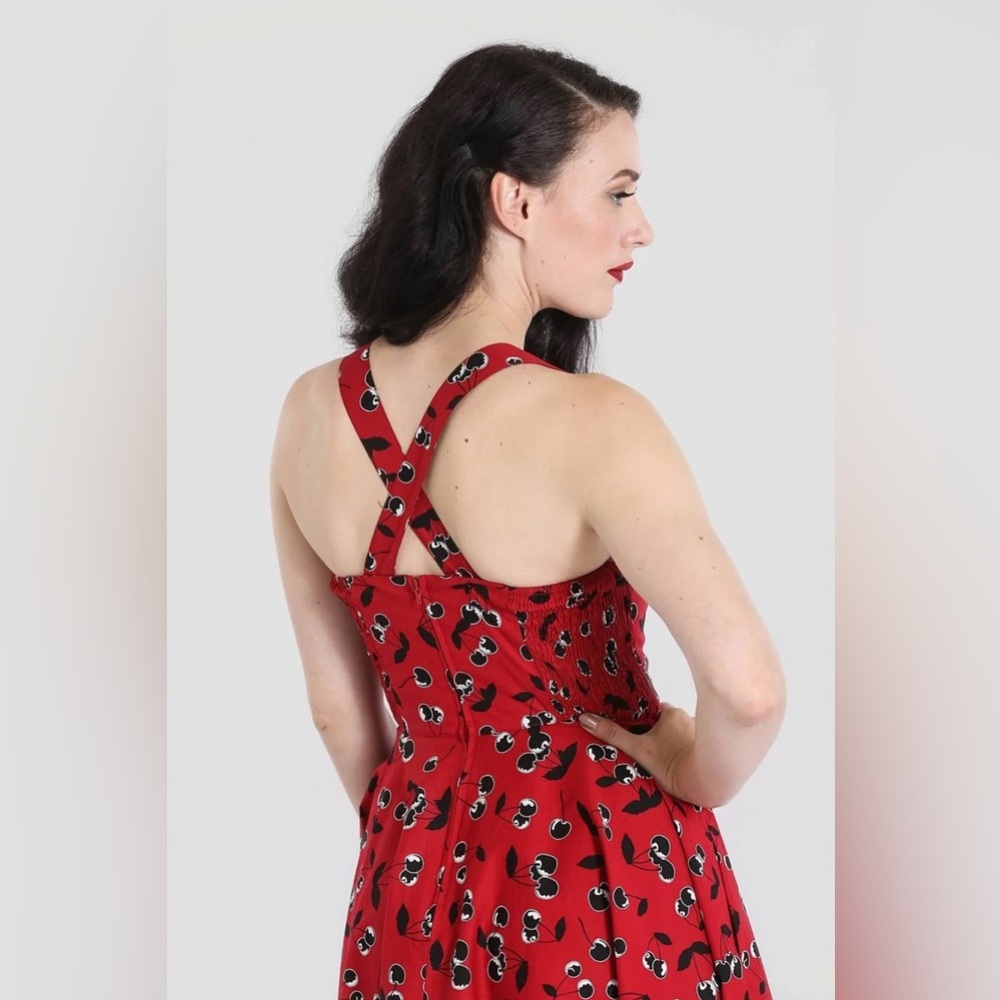 Hell Bunny Alison Retro Cherry Print Halter Dress Size 16UK - Picture 5 of 13